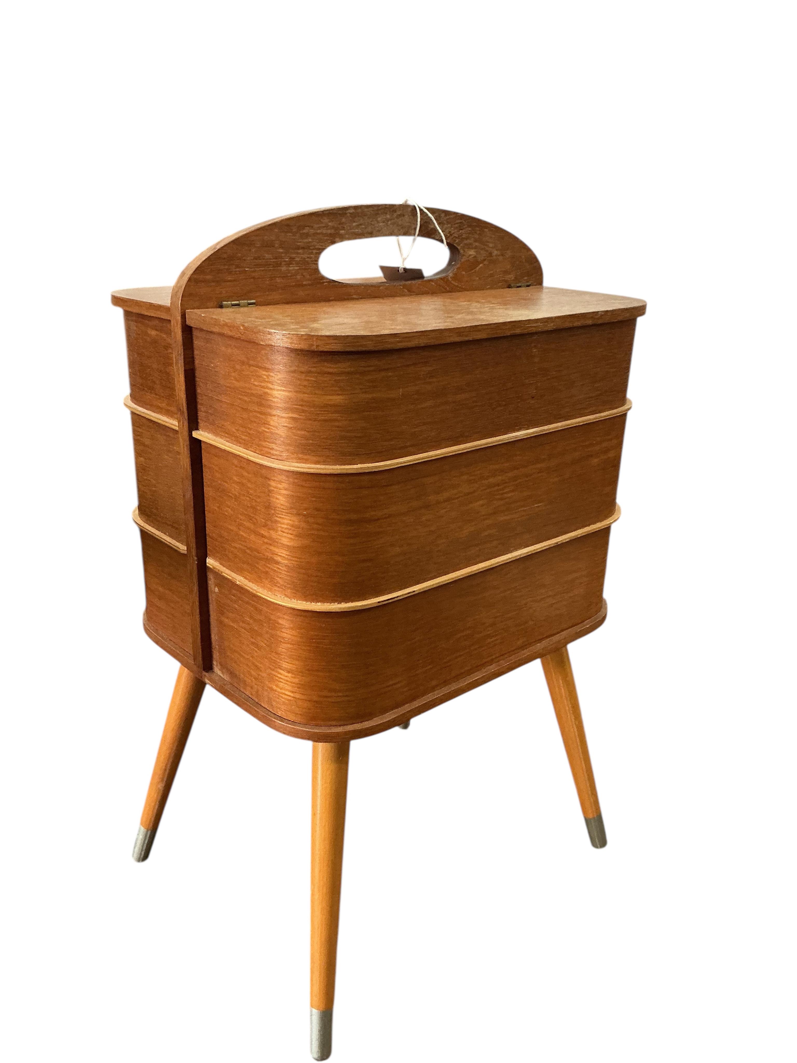 A mid century teak work box, width 35cm, depth 28cm, height 60cm